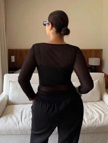 Dripcurv Plus-Size Women's Black All-Season Fashionable Sexy Sheer Polka Dot Mesh Top, Perfect For Valentine's Day And New Year's, Urban Minimalist Style. - Black - View 2