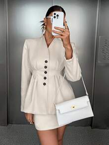 Siren Gaze Bộ đồ nữ thu đông ấm áp, thanh lịch tối giản gồm áo blazer và chân váy, màu trắng. - trắng - Xem 3