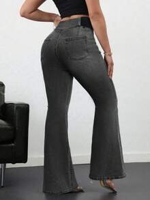 SHEIN Tall 女士牛仔裤休闲紧身弹力喇叭裤蓝色紧身牛仔裤高腰喇叭裤高腰女士牛仔裤夏季 - 深灰色 - 查看 2