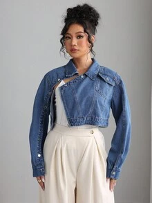 Elenzga Women's Fashion Asymmetrical Short Denim Jacket - Blue - View 6