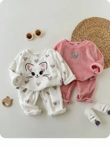 SHEIN 4 件套女婴可爱蓬松波尔卡圆点长袖睡衣套装，秋冬 - 彩色 - 查看 1