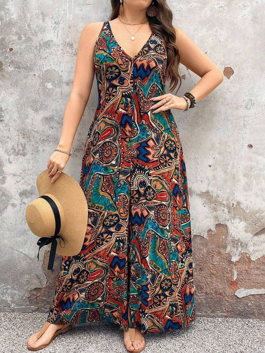 Ceyna Mono de pierna ancha sin mangas con cuello en V y estampado todo sobre, con cremallera oculta en la espalda, para talla grande, apto para verano - Multicolor - Ver 1