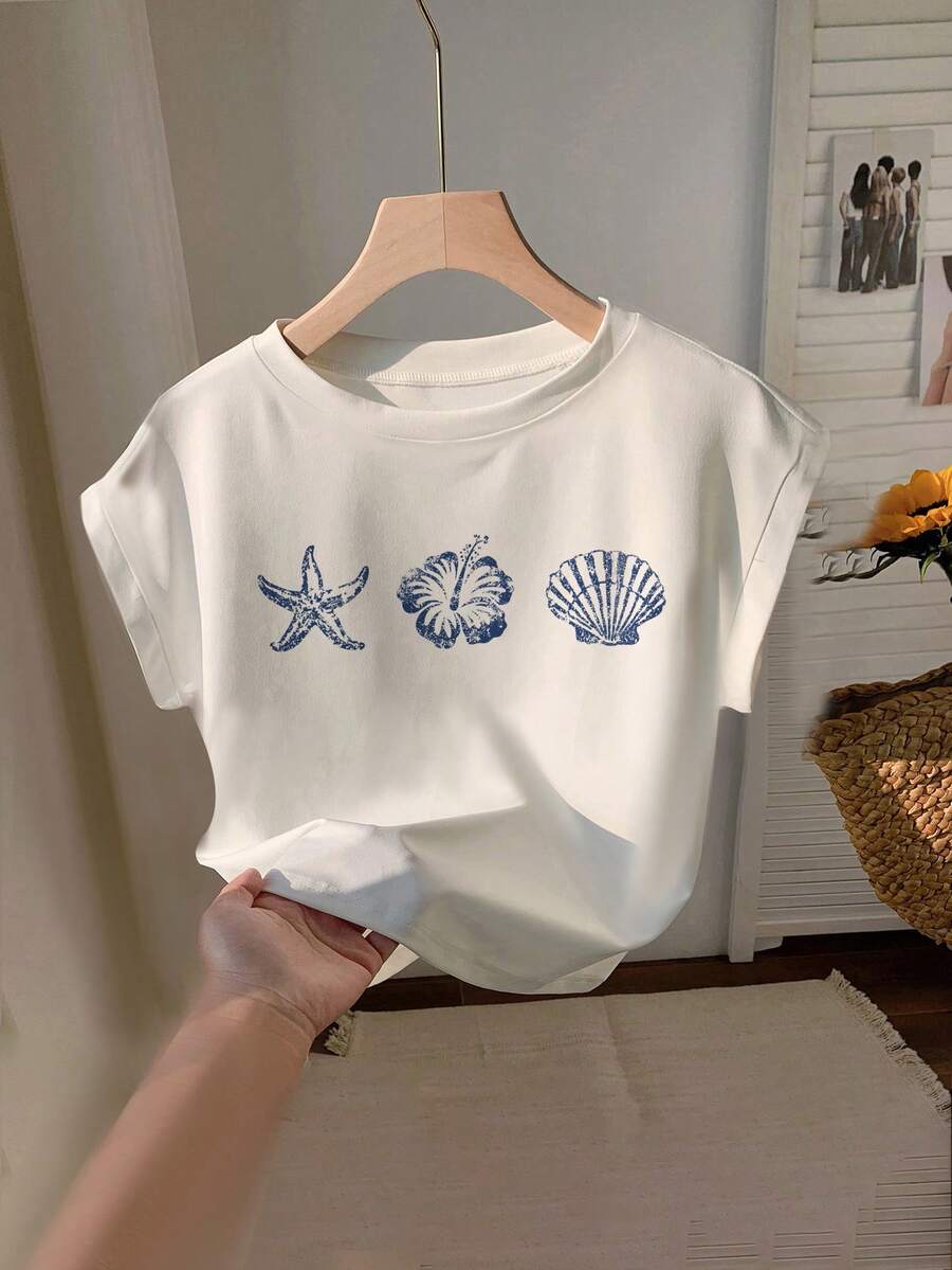 Comfortcana Áo thun crop top cổ tròn tay ngắn in hình sao biển họa tiết đại dương cho nữ, dáng rộng thoải mái, phù hợp cho mùa hè, phong cách nghỉ dưỡng, bãi biển, nghỉ xuân, chuyến đi của các cô gái, trở lại trường - trắng - Xem 1