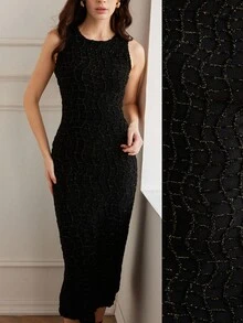 Aveloria Rosie Váy ôm eo không tay cổ tròn sang trọng của Pháp, vải kẻ caro viền kim loại sáng bóng co giãn cao, phong cách câu lạc bộ gợi cảm kiểu Mỹ, váy dạ hội, váy không tay có khóa kéo sau lưng, xẻ sau lưng, có lớp lót, có thể mặc riêng hoặc mặc với áo khoác - màu đen - Xem 2