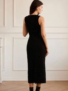 Aveloria Rosie Váy ôm eo không tay cổ tròn sang trọng của Pháp, vải kẻ caro viền kim loại sáng bóng co giãn cao, phong cách câu lạc bộ gợi cảm kiểu Mỹ, váy dạ hội, váy không tay có khóa kéo sau lưng, xẻ sau lưng, có lớp lót, có thể mặc riêng hoặc mặc với áo khoác - màu đen - Xem 3