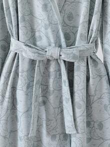 Men's Grey Minimalist Cartoon Bear Print Full-Length Hooded Bathrobe, Fall - Grey - View 4