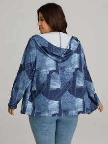 Comfylo Quần áo mùa đông cỡ lớn mùa thu thường ngày vá & áo khoác hoodie màu xanh in có khóa kéo có túi - Nhiều màu - Xem 3