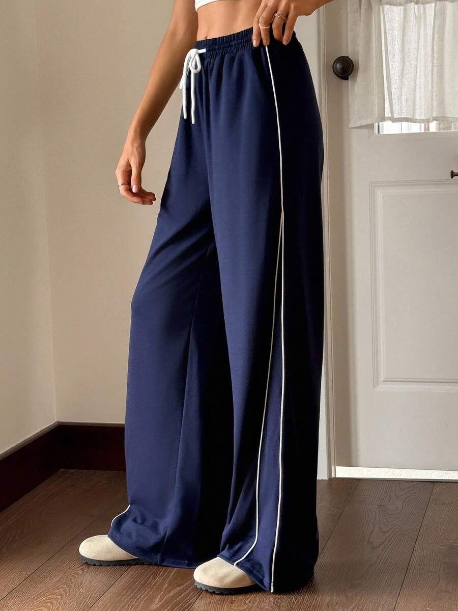 Jouncy 女式休闲抽绳腰阔腿裤 - 藍色 - 查看 1