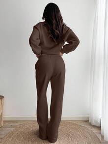 SHEIN Unity 女士纯色圆领宽松落肩休闲运动服 - 棕色 - 查看 2