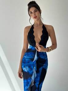 Firerie Đầm Maxi Ôm Body Dáng Chữ A Màu Xanh Thanh Lịch, Cổ Chữ V, Hở Lưng, Ren Họa Tiết Nghệ Thuật, Đường Riềm Xếp Nếp, Dành Cho Nữ, Thích Hợp Đi Biển, Nghỉ Dưỡng, Tiệc Tùng, Lễ Hội Âm Nhạc - Màu xanh lam - Xem 4