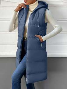 EURMUSE Women's Casual Solid Color Sleeveless Hooded Jacket, Versatile For Winter - Dusty Blue - View 5