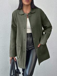 EURMUSE Cotton Knitted Overcoat Drop Shoulder Double Pocket Coat Easy To Style Perfect For Autumn And Winter - Green - View 4