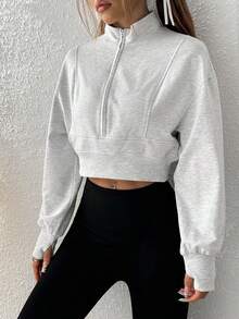 SHEIN EZwear 女士休闲纯色立领短款运动衫 - 灰色 - 查看 4
