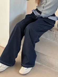 DAZY 少女宽松阔腿牛仔裤，格子拼接，荷叶边腰身，休闲秋季校园风 - 深色水洗藍 - 查看 7