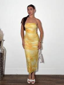 Andrea Bello Ladies' Tie Dye Strapless Dress With Side Slit Hem Maxi Women Outfit - Yellow - View 5