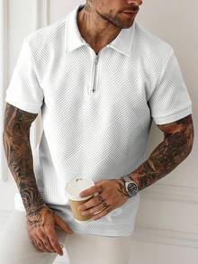 Manfinity Homme 男士實色紋理短袖polo衫 - 白色 - 查看 4