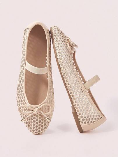 CUCCOO DOLLMOD 女士网眼镂空时尚度假可爱蝴蝶结弹力玛丽珍平底鞋