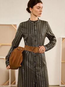 Chiquease Striped Print Collared Elegant Office Long Sleeve Dress Fall Cloth For Women - Brown - View 1