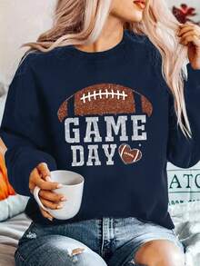 EMERY ROSE 女士时尚运动衫“GAME DAY”标语字母图案印花圆领运动衫 - 藏蓝色 - 查看 1