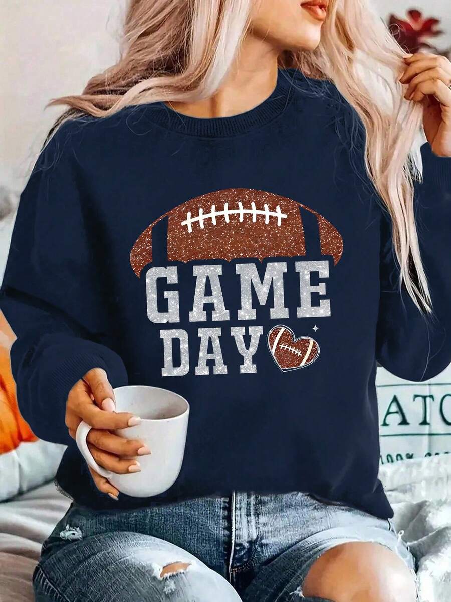 EMERY ROSE 女士时尚运动衫“GAME DAY”标语字母图案印花圆领运动衫 - 藏蓝色 - 查看 1