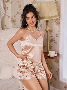 CottageSlumber Conjunto de pijama de camiseta de tirantes de unicolor y pantalones cortos con estampado floral para mujer - Multicolor - Ver 4