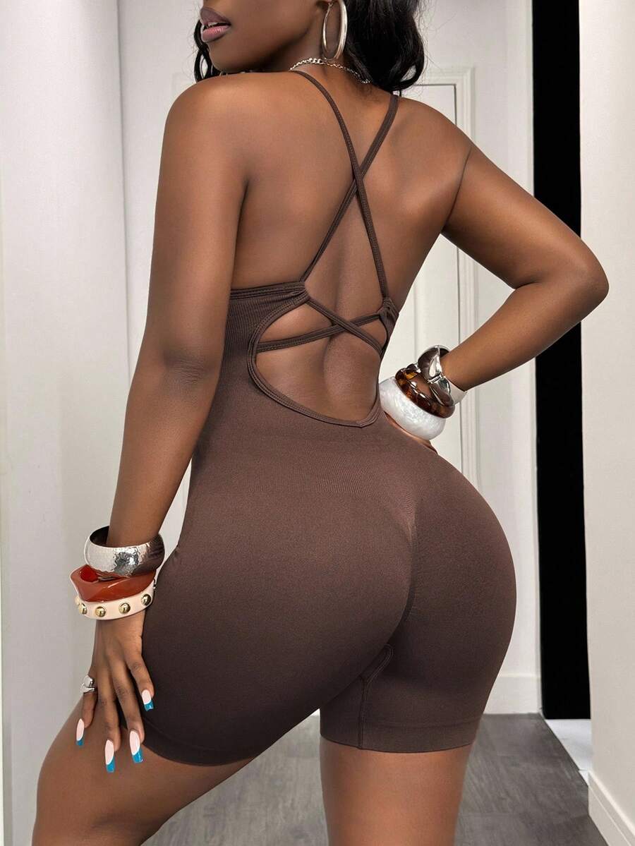Slaydiva Women's Solid Color Backless Yoga Jumpsuit - Brown - View 1
