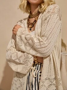 Bóhologie 女士波西米亚蕾丝镂空针织长款开衫 - 米色钩针和服 - 奶油色 - 查看 7