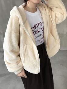 FRIFUL 女士米色纯色连帽抽绳落肩长袖羊羔绒宽松休闲百搭抓绒卫衣，秋季外套，冬季