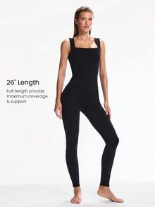 GLOWMODE 26'' FeatherFit™-Air Sweat-Wicking Quick-Dry Flow And Go Tummy Control Cutout Back Square Neck Back Athletic Workout Romper Bodyduit With Side Pockets Non-Slip Grips Low Impact Yoga Pilates Studio Daily Casual Wear - Black - View 3
