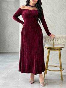 Modelyn Elegante abito da sera rosso vino con spalle scoperte, decorato con strass e maniche lunghe - Bordò - Visualizzare 5