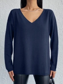 Maglione casual oversize da donna a maniche lunghe con scollo a V e spalle cadenti, in colore unito
