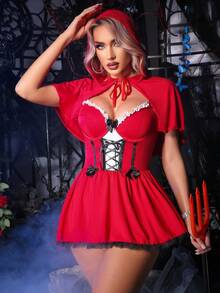 SHEIN Conjunto de 3 piezas de Caperucita Roja sexy para mujer: vestido de satén con volantes y tirantes, con chal, en estilo de encaje y parches - Rojo - Ver 1