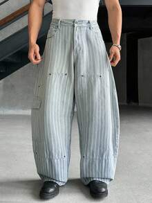 SWAVVY Men's Casual Loose Cargo Pocket Denim Striped Cargo Pants - Light Wash - View 2