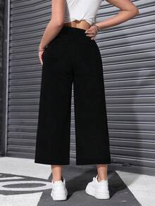 SHEIN ICON 冬季加大码女式经典时尚阔腿牛仔裤 - 黑色 - 查看 2