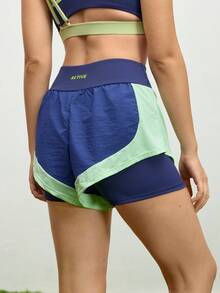 SHEIN Sports Quần short thể thao thời trang mùa hè 2 trong 1 cạp chun màu tương phản - Màu xanh lam - Xem 2