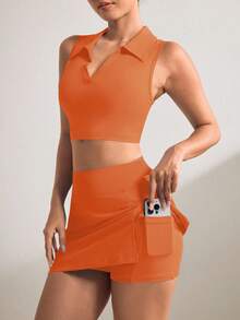 Bộ đồ thể thao áo ba lỗ ngắn màu trơn và quần short váy ngắn - trái cam - Xem 7