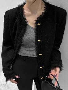 DAZY 金属扣流苏粗花呢夹克女式外套 - 黑色 - 查看 7