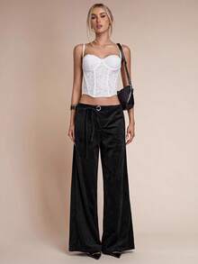 SHEIN BAE Quần ống rộng nhung rộng rãi - màu đen - Xem 7
