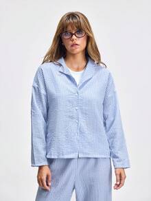 LOUNGEISTA 2pcs/Set Women's Striped Button-Front Long Sleeve Pajamas With Straight Leg Elastic Waist Pants, Home Wear,Two Pieces Set, Light Blue Pajamas, Fall Clothes - Blue - View 7