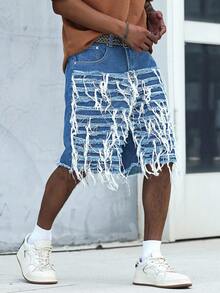 Manfinity LEGND Herren Sommer Mode Straßen Lässig Denim Shorts mit roher Kante, weites Bein, Gürtel nicht enthalten