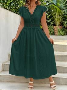 SHEIN Clasi 大码女式白色针织提花弹力蕾丝拼接领口和腰部A字长连衣裙，荷叶袖，春夏款 - 墨綠色 - 查看 3