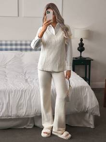 Louniche 1pc Women Solid Cable Knit Sweater Vest For Autumn & Winter - Apricot - View 3