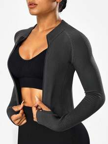 SHEIN Sports Women's Raglan Sleeve Zip Front Deep Grey Seamless Sports Jacket Cropped Workout Jacket