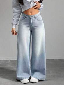 SHEIN Tall CURVE Quần jean nữ cỡ lớn màu xanh nhạt dáng rộng, thích hợp cho kỳ nghỉ hè, câu lạc bộ, văn phòng, nhạc đồng quê, hòa nhạc, tiệc tùng, du lịch trên tàu biển, phong cách grunge, quần jean cạp cao, ngày Valentine. - Màu xanh lam - Xem 6