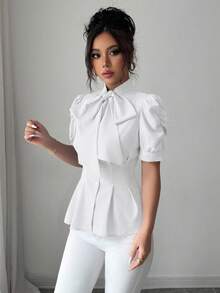 Elenzga Fashionable & Elegant Bow Waist Pleated Women Blouse - White - View 4