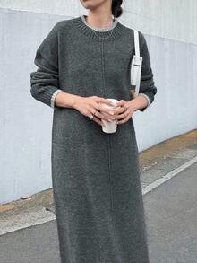 FRIFUL 女式纯色深灰色圆领落肩长袖直筒超长毛衣裙，秋季休闲外套连衣裙