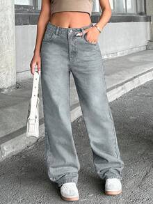 EURMUSE 100%Cotton WOMEN HIGH WAIST STRAIGH VINTAGE WASHING JEANS - Baby Blue - View 7