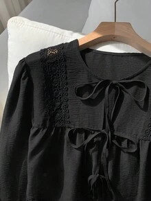 Comfortcana 女士度假休闲纯色蕾丝拼布系带衬衫 - 黑色 - 查看 4