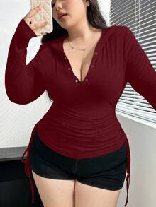 Vibekara 大码侧收腰连帽长袖修身T恤 - 酒紅色 - 查看 3