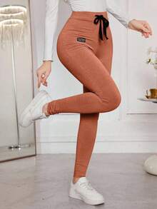 Modelyn 女式字母印花抽绳紧身打底裤，舒适有弹性 - 咖啡棕 - 查看 3